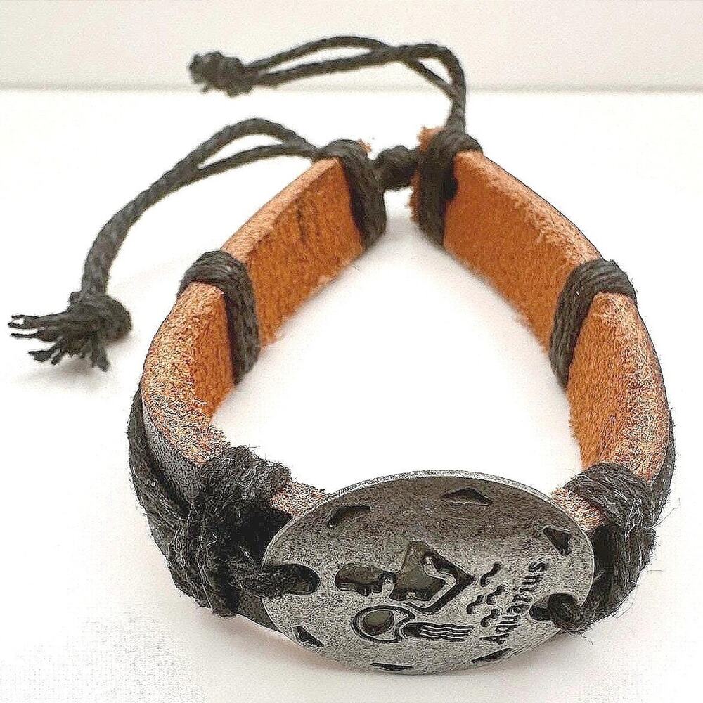 Vintage Aquarius Zodiac Leather Bracelet Black & Brown Adjustable Unisex Y2K 90s